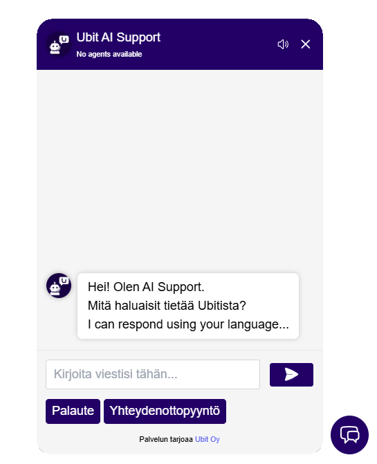 AI Support chat-widget upotettuna verkkosivulle